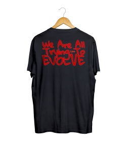 trying tee red on black back