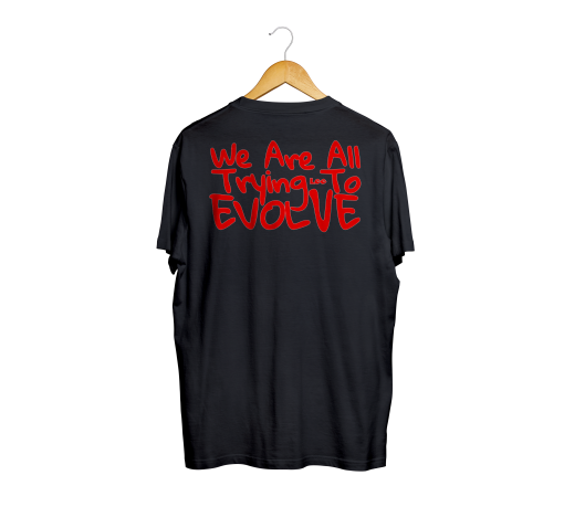 trying tee red on black back